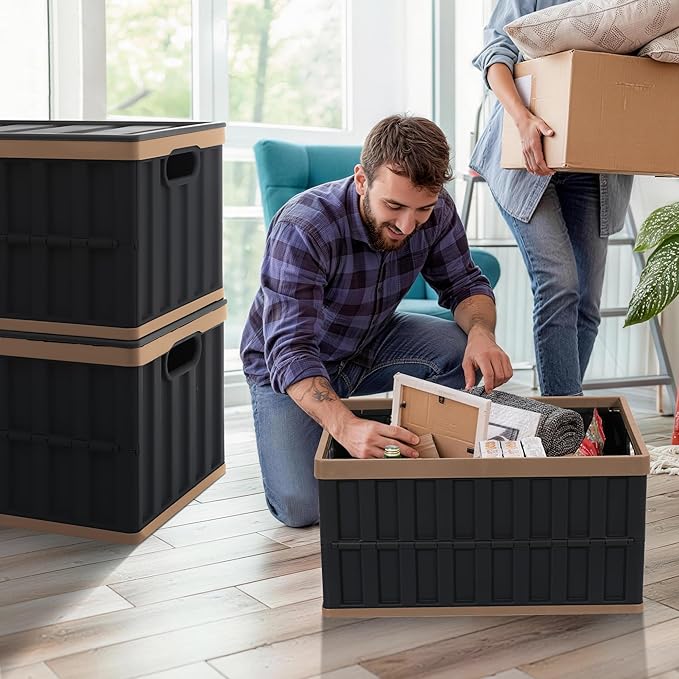 Citylife 64L Collapsible Storage Bins with Lids Plastic Storage Containers for Organizing Stackable Storage Box Large Heavy Duty Utility Crates, 4 Packs