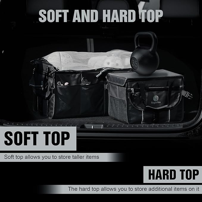 SugarFox Car Trunk Organizer for SUV - 63L+26L Modular Storage, Heavy-Duty, Foldable Waterproof, Soft & Hard Covers, Non-Slip, Multi-Compartment, All Black M006
