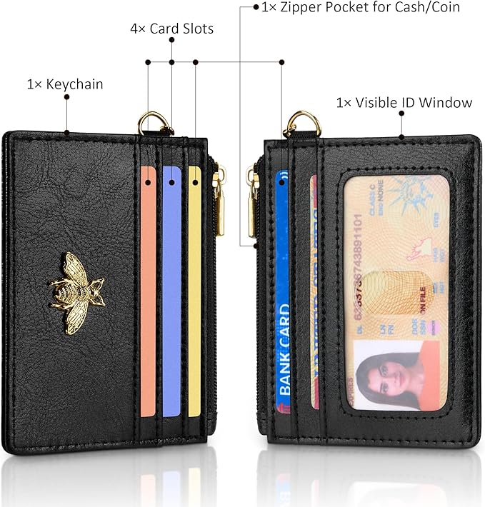 SEAVILIA Card Holder Keychain Wallet for Women with ID Window RFID Coin Purse Bee Gifts Slim Minimalist Small Wallet