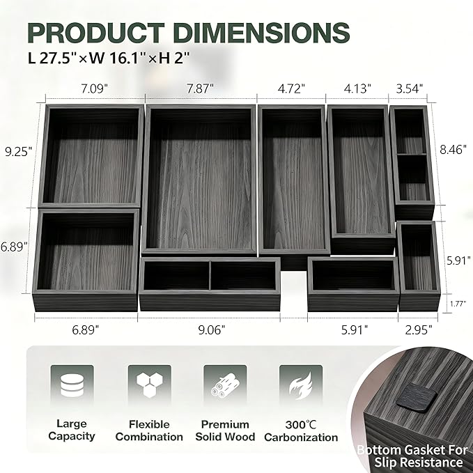 9-Pack Solid Wood Junk Drawer Organizer, Modular Desk Drawer Tray & Accessories with Non-Slip Pad, Multi-Use for Kitchen, Office, Bedroom Dresser, Utensil, Makeup, Stationery, Tea Bags & Coffee Pod