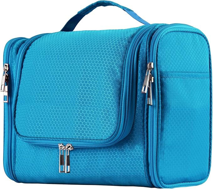 Buruis Hanging Toiletry Bag for Women and Men, Large Water-Resistant Makeup Organizer with Sturdy Hook, Lightweight Nylon Dopp Kit for Full-Sized Toiletries & Cosmetics, Light Blue