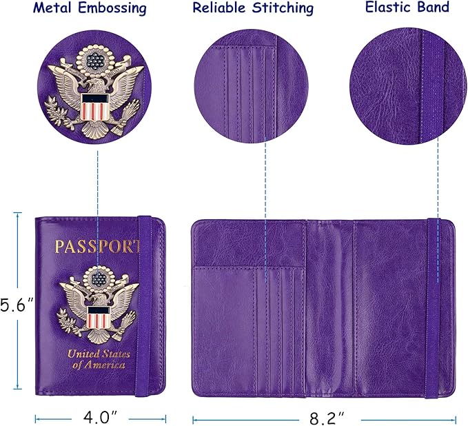 TOURSUIT RFID Blocking Passport Holder for Women Men, Leather Passport Travel Wallet with 3D Metal Badge, Travel Document Holder Cover Accessories (Purple)