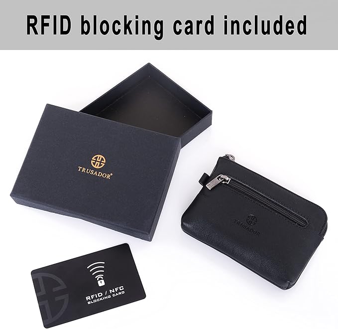 Trusador Milano Unisex Leather Front Pocket Wallet Coin Purse Zipper Pouch with Keychain (Black)