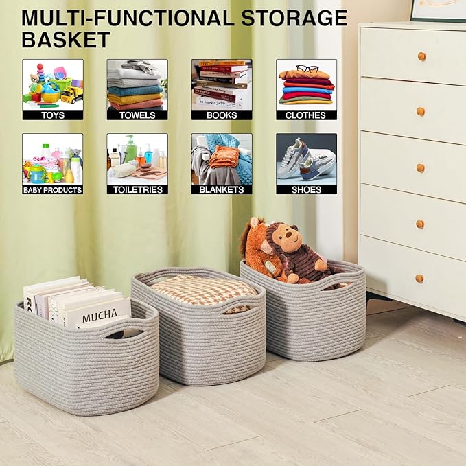 ICERZCZ Storage Baskets for Organizing Shelves, Woven Cotton Rope Bins for Baby Nursery Organization, Book Toy Towel Organizer, 15"x11"x9.5", 3 Packs, Grey