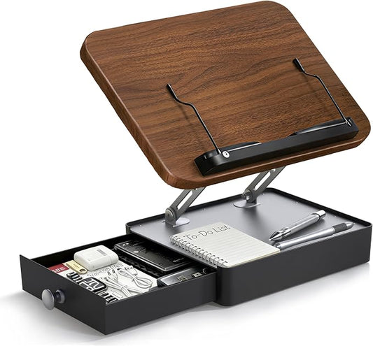 Book Stand with Storage Drawer, Adjustable Wooden Reading Stand for Desk, Ergonomic Height & Angle Book Holder for Textbooks, Cookbooks, Documents (Walnut Finish, 9.8" x 13.8" Large Panel)