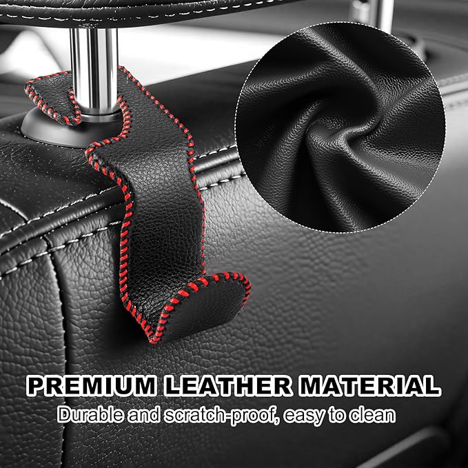 Car Seat Hooks for Purses and Bags, 2 Pack Car Purse Holder for Grocery Bag Handbag Clothes, Metal Headrest Hooks Covered by Leather, Black Red