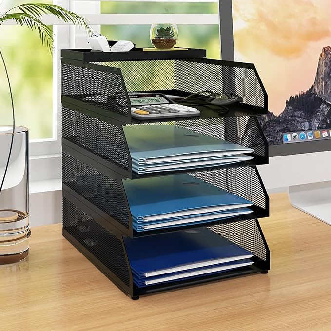 Natwind 4-Tier Paper Organizers,Desk Organizer,Stackable Paper Tray, Desk Accessories,Metal Mesh Desktop Organizer,Letter Trays,File Document Storage Rack for for Home, Office, School (Black)
