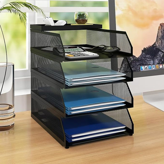 Natwind 4-Tier Paper Organizers,Desk Organizer,Stackable Paper Tray, Desk Accessories,Metal Mesh Desktop Organizer,Letter Trays,File Document Storage Rack for for Home, Office, School (Black)
