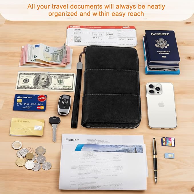 Family Passport Holder Wallet with Zipper, RFID Blocking Travel Document Organizer, PU Leather Passport Wallet for Women Men, Passport Cover Travel Wallet for Boarding Pass, ID, Money, Ticket