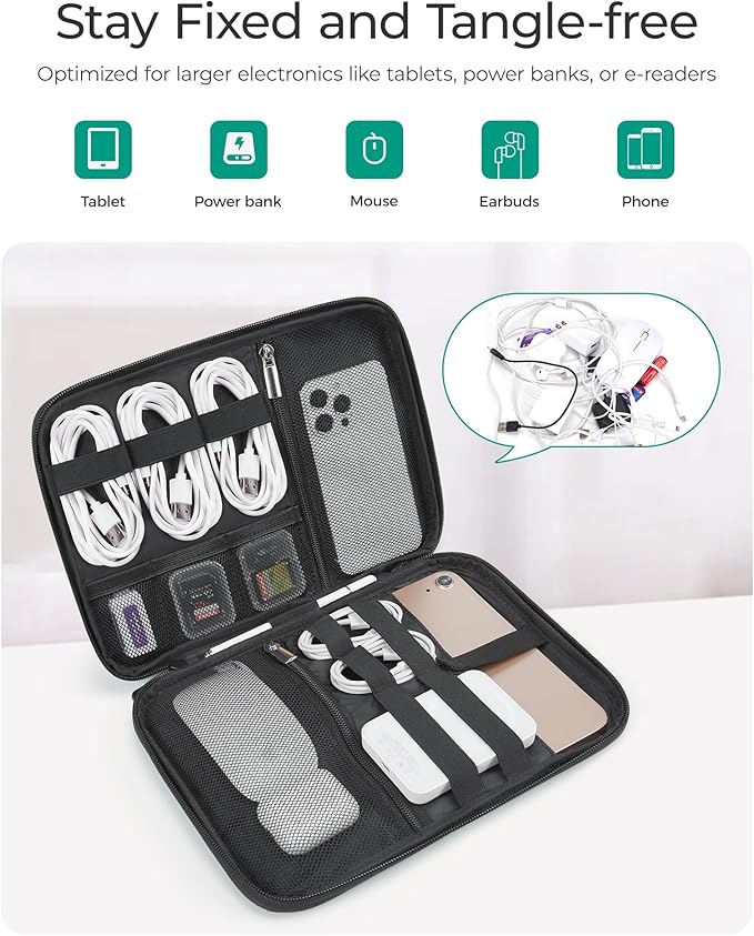 BAGSMART Electronics Travel Organizer Case for 10.2 Inch Tablets, Tech Pouch Essentials for Power Bank, SD Cards, Cord and Cable Storage Bag, Black