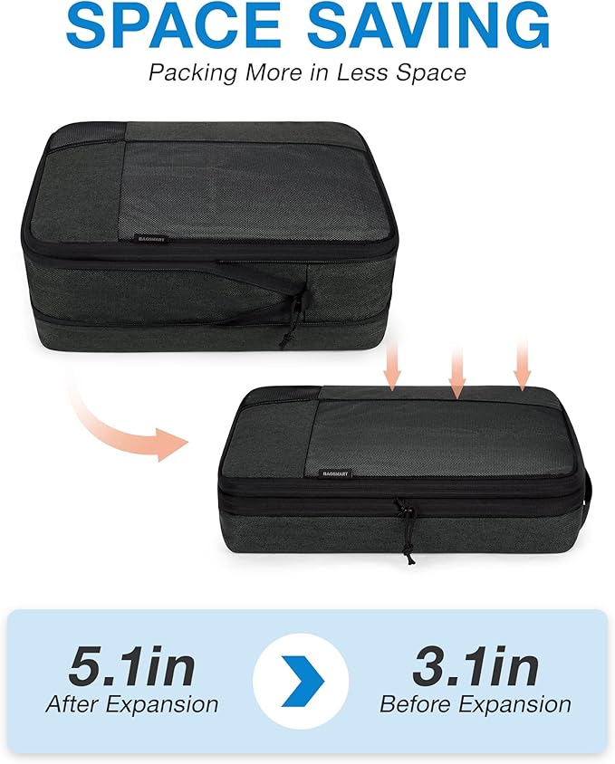 BAGSMART Compression Packing Cubes, Durable Travel Packing Cubes for Carry-On Suitcase, Lightweight Compressible Luggage Organizer Cruise Ship Travel Essentials, 6-Pack 1L+3M+1S+Shoe Bag, Black