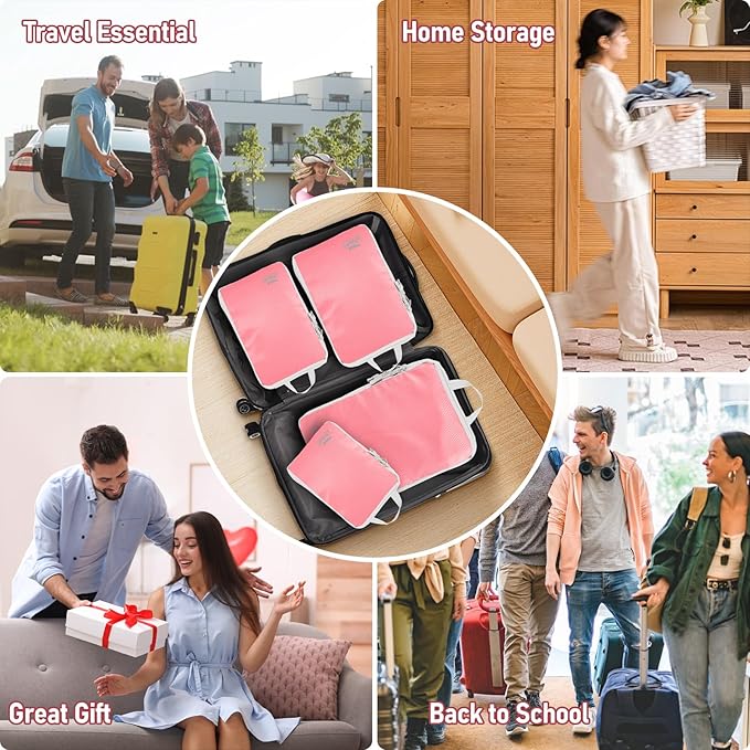 5 Set Packing Cubes For Travel Essentials, Luggage Packing Organization Cubes Suitcase Organizer Bags Set For Luggage Travel Packing Cubes For Suitcases Durable (5 Pcs, Pink)
