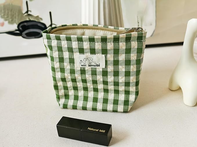 HAPPYHEIDI Nylon Checker Makeup Bag Set 3 with Compartment Cosmetic Toiletry Travel Pouch,Purse Accessory Organizer, 3-Size, Beige Green Plaid, Canvas Lined