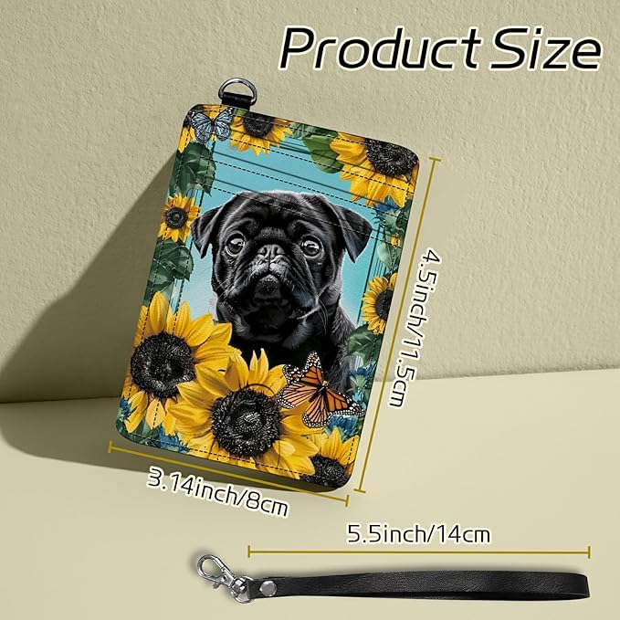 Small Travel Wallets, Sunflower Pug Slim Minimalist Front Pocket Wallet with Wristlet, RFID Blocking PU Leather Credit Card Holder with ID Window Change Purse for Men Women