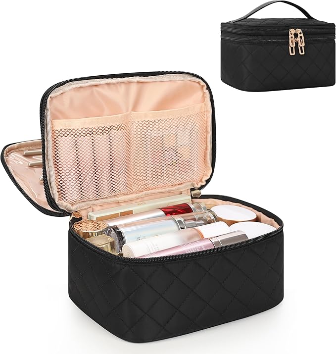 Relavel Travel Makeup Bag, Large Cosmetic Bag with Separate Makeup Brush Compartment, Cute Make Up Pouch for Women, Double Layer Toiletry Organizer Bag for Travel - Black