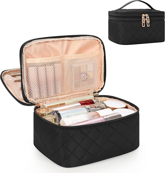 Relavel Travel Makeup Bag, Large Cosmetic Bag with Separate Makeup Brush Compartment, Cute Make Up Pouch for Women, Double Layer Toiletry Organizer Bag for Travel - Black