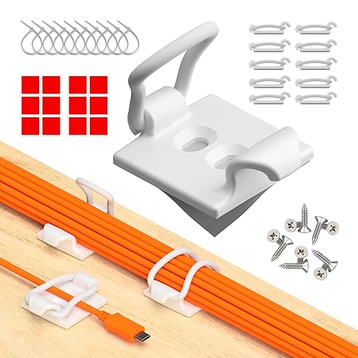 [Made in the UK] 10-Pack Adjustable Elastic Adhesive Cable Clips, Wire Management Holder, Cord Organizer for Home Office, Under Desk, Behind TV, Phone Charger, Laptop, PC, HDMI, USB (White)