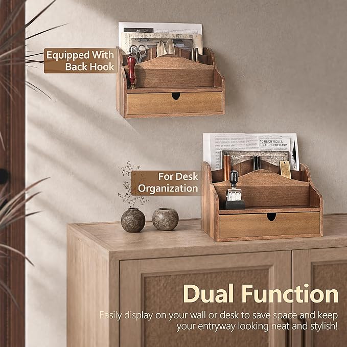 Rebee Vision Acacia Wood Mail Organizer for Desk – Farmhouse Countertop Mail Holder with Drawer for Office Accessories –Rustic Desktop Organizer for Home Decor (Acacia Wood)