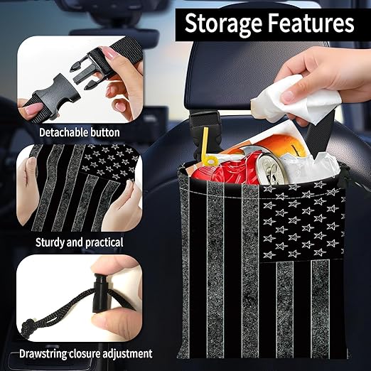 Car Trash Bag Large Hanging Can for Back of Seat, Cute Waterproof Car Garbage Bag for Vehicle, Travelling, Outdoor Dark American Flag