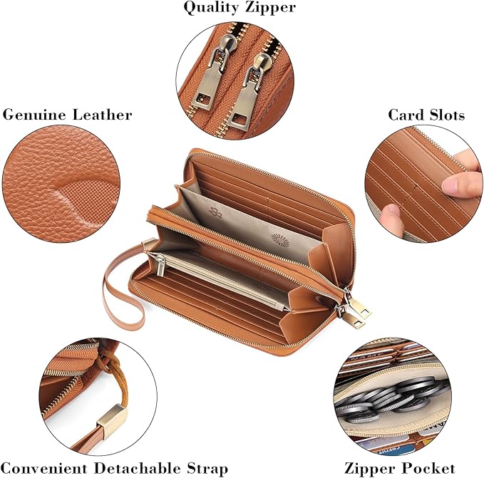 GAEKEAO Wallet for Women Clutch RFID Blocking Wristlet Leather Purse Large Capacity Credit Card Holder with Grip Hand Strap