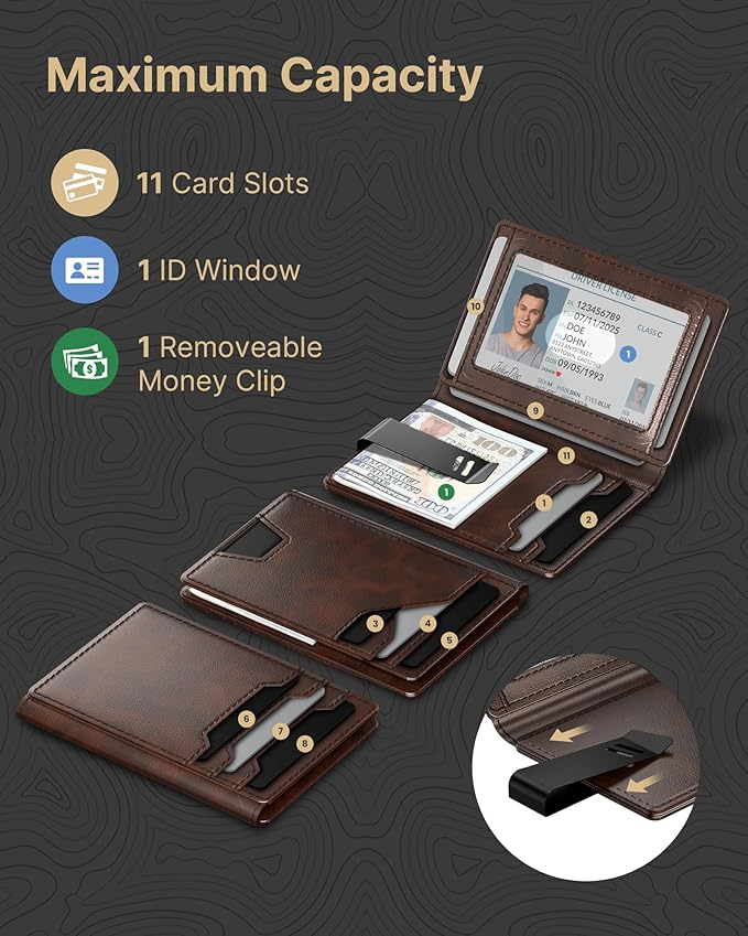 typecase Leather Wallet for Men Card Holder: Premium Genuine Leather, RFID Blocking, Slim, Minimalist, Front Pocket - 15 Cards Capacity | ID Window | Money Clip (Deep Brown)