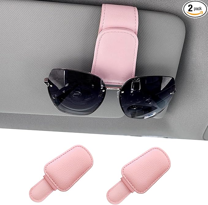 2 Pack Sunglass Holder for Car Magnetic Leather Sunglass Clip Universal Eyeglass Holder Car Visor Accessories Pink