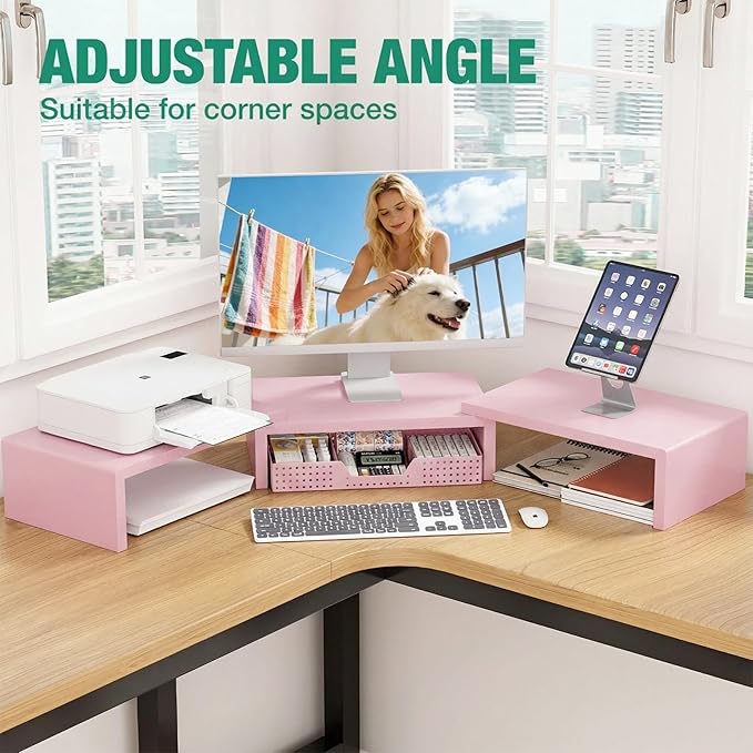 OPNICE Desk Organizers and Accessories, Dual Computer Monitor Stand Riser with Drawer, Office Decor for Women, Office Desk Accessories & Workspace Organizers for Home Office Supplies, Pink