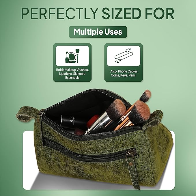 Leather Makeup Bag for Women – Genuine Leather Cosmetic Bag Travel, Handmade Zippered Makeup Pouch, Small Toiletry Bag, Shaving Kit & Stationery Organizer- Forest Green