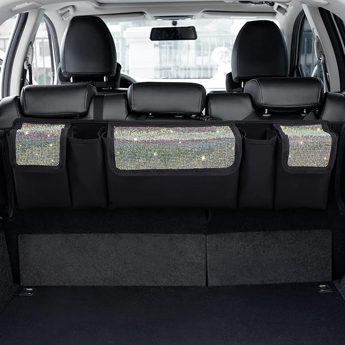 eing Car Trunk Organizer and Storage, Backseat Hanging Organizer for SUV, Truck, MPV, Waterproof, Collapsible Cargo Storage Bag with 5 Pockets, Bling Car Interior Accessories for Women,Multicolor