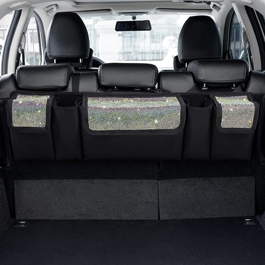 eing Car Trunk Organizer and Storage, Backseat Hanging Organizer for SUV, Truck, MPV, Waterproof, Collapsible Cargo Storage Bag with 5 Pockets, Bling Car Interior Accessories for Women,Multicolor