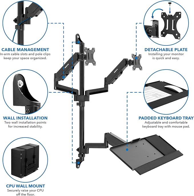 Mount-It! Dual Monitor Arm Wall Mount Workstation with Keyboard Tray & CPU Holder, Height Adjustable Gas Spring Full Motion Computer Station, Fits 17??2??VESA 75x75 100x100, Black