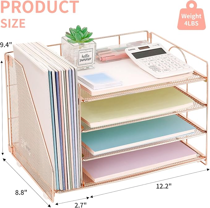 OPNICE Desk Organizer, 5-Tier Paper Organizer Letter Tray with Magazine Holder, Office Desk Accessories & Workspace Organizers, Desktop File Organizer for Office Supplies Storage, Rose Gold