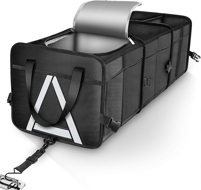 HAOKAY Durable Car Trunk Organizer with Premium insulation cooler bag,Sturdy Collapsible Trunk Storage Organizer, Multi Compartments with Reflective Strip