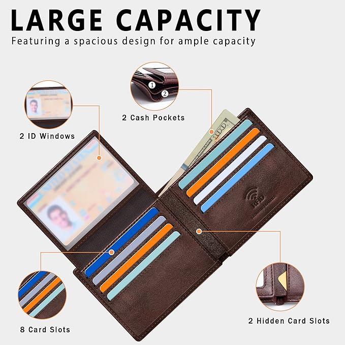 Travelambo Genuine Leather Wallet for Men with Gift Box - Handmade Bifold Stylish - Mens Wallets Rfid Blocking with 2 ID Windows
