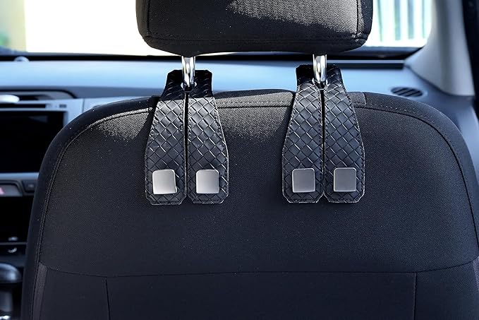 2 Pack Car Seat Headrest Hooks, Nappa Leather Car Back Seat Hangers for Purses and Bags, Woven Design with Double Dual Zinc Alloy Hooks for Car Organization and Storage(Black)