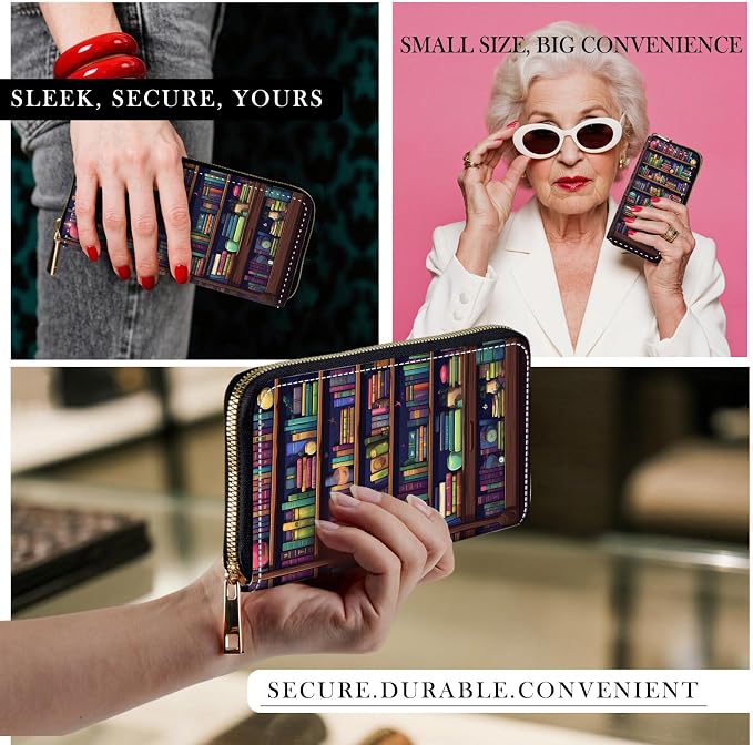 RFID-Blocking Zip Around Wallets for Women with Detachable Wrist Strap,Large Capacity Phone Holder with Card Organizer & Coin Pocket,Book Shelf