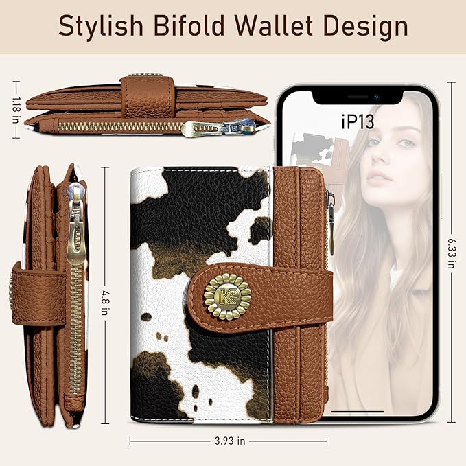 Kelvoris Cow Print Brown Small Rfid Women Wallet Bifold Zipper Coin Pocket PU Leather Compact Cash Credit Card Holder Travel Wallet for Female Ladies Teen Girls 1 ID Window 10 Card Slots