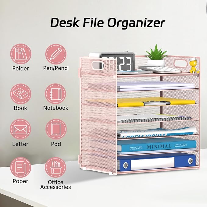 7 Tier Paper Organizer - Mesh Desktop File Holder with Handles for Office School Desk, Black (Pink)