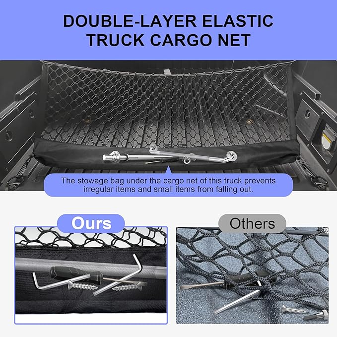 Truck Bed Cargo Net for Toyota Tacoma 2005-2024, Envelope Style Pickup Cargo Net with Storage Bag, Heavy Duty Elastic Mesh Organizer with Carabiners, Secures Groceries & Gear