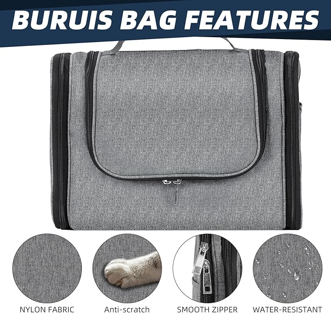 Buruis Hanging Toiletry Bag for Women and Men, Large Water-Resistant Makeup Organizer with Sturdy Hook, Lightweight Nylon Dopp Kit for Full-Sized Toiletries & Cosmetics, Oxford Gray
