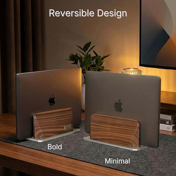 Vertical Laptop Stand, Solid Black Walnut Body & Silver Anodized Aluminum Base, Metal Laptop Holder Vertical for Desk - Adjustable Dock (0.47"-1.57" Width) Fits Most Laptops, MacBooks