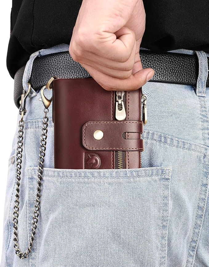 Chain wallets for men, Genuine Leather Biker Wallet with RFID Blocking Brown Color with Chain…