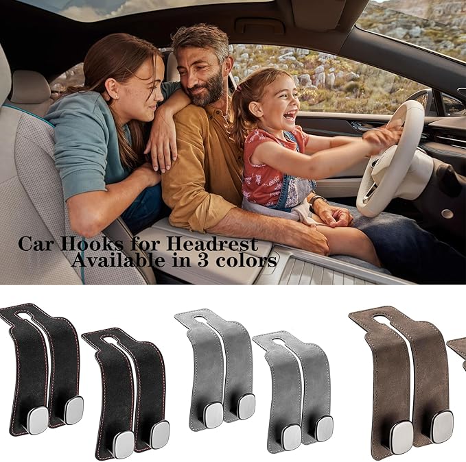 2 Pack Car Hooks for Headrest, Headrest Hooks Car Purse Hook Car Seat Back Storage Hook Premium Leather Car Seat Holder for Headrest Purses and Bags (Black)