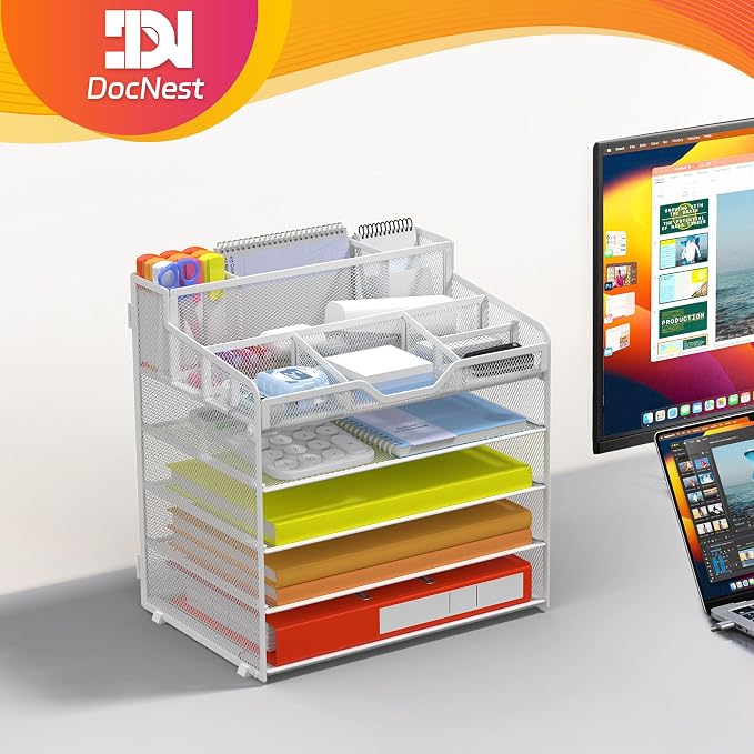 Docnest 5 Tier Mesh Desk Organizer for Paper Office Supplies – Multi-Functional Letter Tray with 5 Adjustable Compartments, 3 Pen Holders, Desktop Storage for Files, Mail, Stationery – White