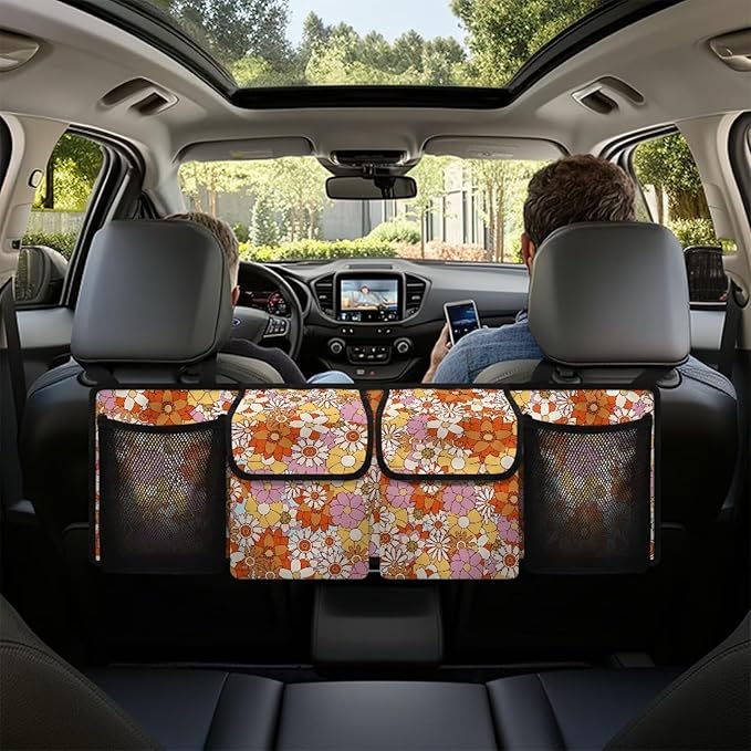 Hippie Flower Car Trunk Organizer,Backseat Hanging Large Storage with Adjustable Straps,Waterproof Collapsible Cargo Bag,Car Interior Accessories for Auto SUV