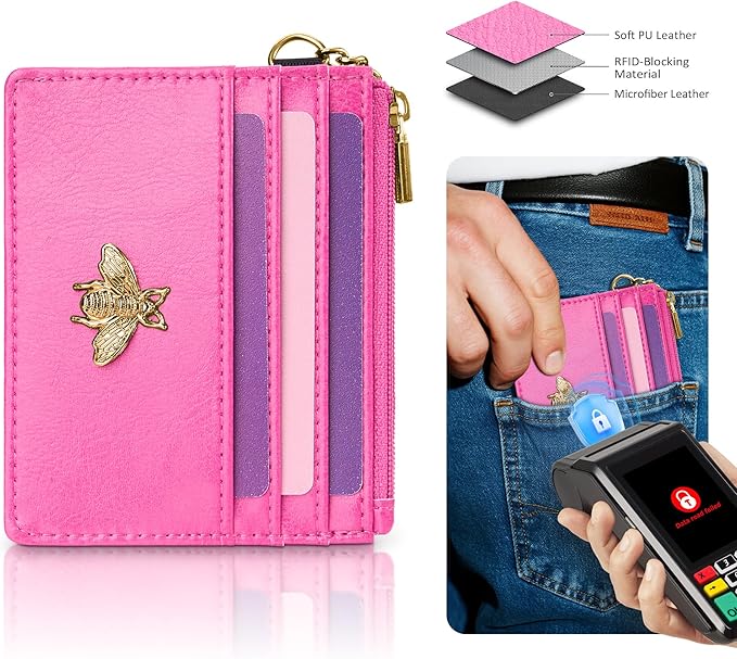 SEAVILIA Card Holder Keychain Wallet for Women with ID Window RFID Coin Purse Bee Gifts Slim Minimalist Small Wallet