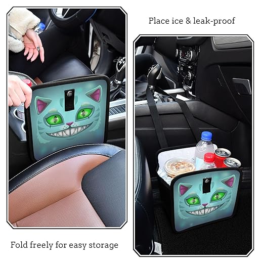 Cheshire Cat Green Eye Car Trash Can Foldable Hanging Car Trash Bag BinFantasy Scary Laugh Cat Auto Garbage Can Leak-Proof Car Organizer(Large)