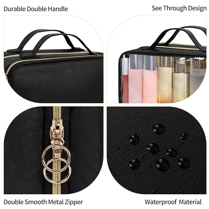 OCHEAL Travel Toiletry Bag, Double Layer Clear Makeup Bag Organizer Large Capacity Cosmetic Bag for Traveling Women Beauty Essentials, Multiple Compartments Makeup Case- Black