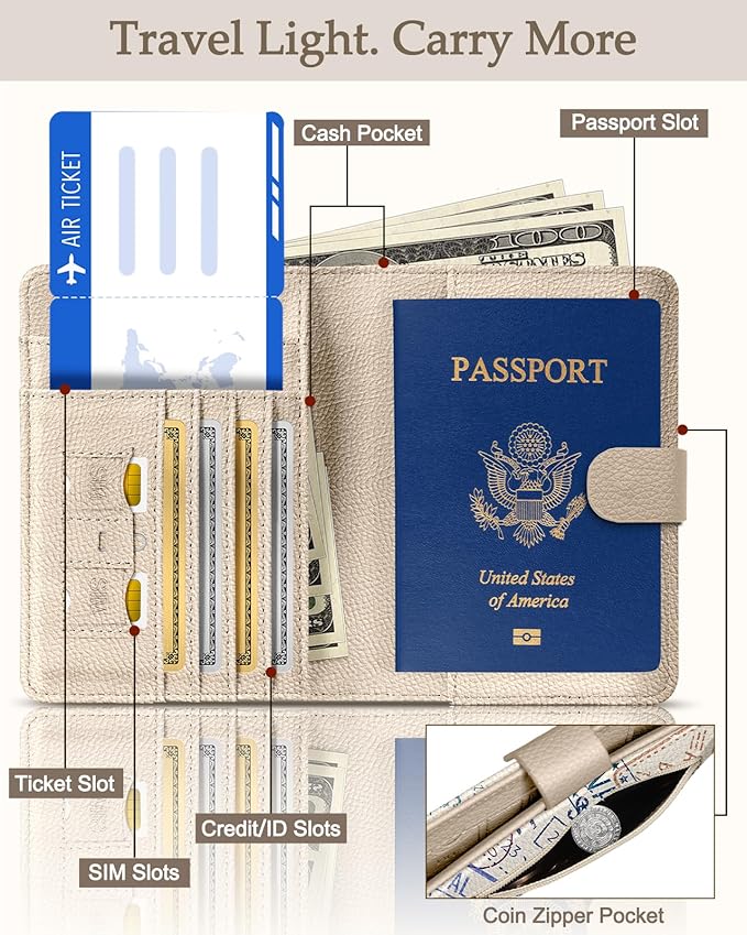 Slohif Passport Wallet Holder Cover for Travel - Women Men RFID Blocking Passport Book Case Protector, Cream Stamp Airplane Leather Personalized Organizer Slim Carrier Boarding Pass Cards Slots