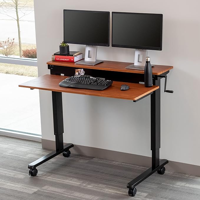 Stand Up Desk Store Crank Adjustable Two Tier Standing Desk with Heavy Duty Steel Frame (Black Frame/Teak Top, 48" Wide)